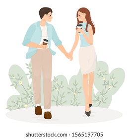 cute young couple hold hand walk together on first date for wedding or valentines day eps10 vectors illustration