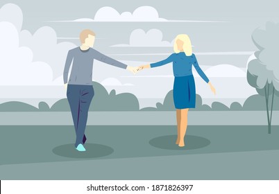 cute young couple hold hand walk together on first date for wedding or valentines day eps10 vectors illustration.couple holding hands or hugging and walking in park.