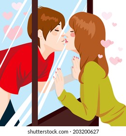 Cute young couple Kissing through glass window with love