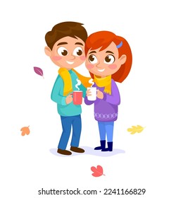 A cute young couple in love with hot coffee cups in fall isolated on white background. A boy and a girl hug in a park on a date in autumn, together in cold weather. Cartoon style vector illustration.