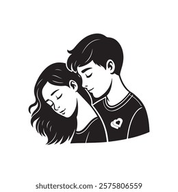 cute young couple lover boyfriend and girlfriend male and female character heart love icon silhouette vector art flat design