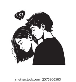 cute young couple lover boyfriend and girlfriend male and female character heart love icon silhouette vector art flat design