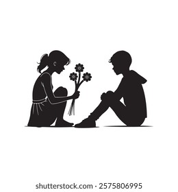 cute young couple lover boyfriend and girlfriend male and female character heart love icon silhouette vector art flat design