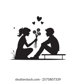 cute young couple lover boyfriend and girlfriend male and female character heart love icon silhouette vector art flat design