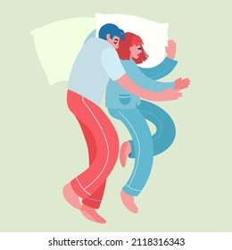 Pequeña pareja joven tendida en la cama y abrazada, vista desde arriba. Personajes durmientes tipo y chica en la zona de dormir. Ilustración decorativa vectorial en estilo plano de moda.