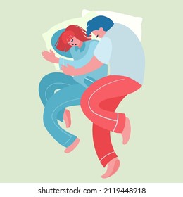Cute young couple lying in bed and cuddling, view from the top. Sleeping characters guy and girl in the sleeping area. Vector decorative illustration in trendy flat style.