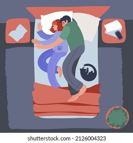Cute young couple lying in bed and cuddling. Bedroom with furniture overhead top view. Sleeping characters guy and girl in the sleeping area. Vector decorative illustration in trendy flat style.