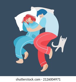 Pequeña pareja joven tendida en la cama y abrazada, vista desde arriba. Personajes durmientes tipo y chica en la zona de dormir con gato blanco. Ilustración decorativa vectorial en estilo plano de moda.