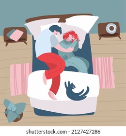 Cute young couple lying in bed and cuddling. Bedroom with furniture overhead top view. Sleeping characters guy and girl in the sleeping area. Vector decorative illustration in trendy flat style.