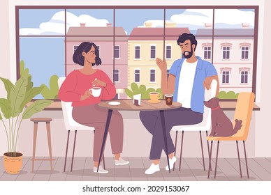 Cute young couple man and woman resting in the pet friendly coffee shop with their dog