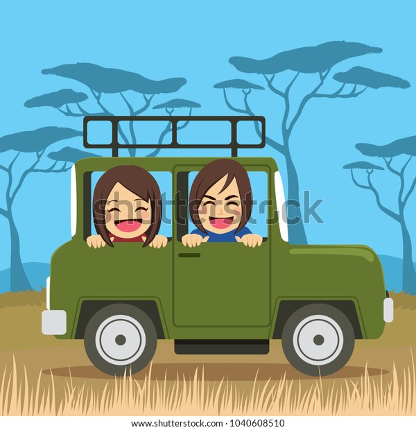 Cute young couple on safari tour vacation riding\
car happy