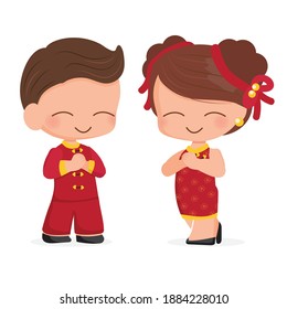 cute young couple in red Chinese new year traditional dress isolated on white background