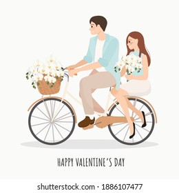 cute young couple riding bicycle with Phalaenopsis orchid bouquet for valentine's day or wedding invitation