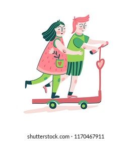 Cute young couple riding a scooter. Love print design for t-shirt, poster or love card. Vector cute illustration for Valentines day. Isolated on white background.