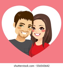 Cute young couple in Saint Valentine day on heart frame in love