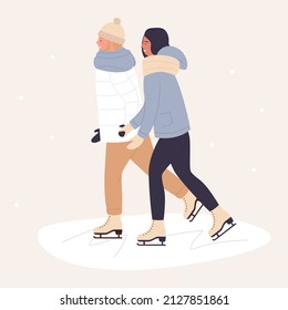 Cute young couple skating together in winter. Ice skate sport or recreational outdoor activity cartoon vector illustration