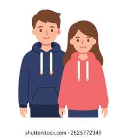 Cute young couple standing side by side wearing casual hoodies. Happy boyfriend and girlfriend in winter clothes. Perfect for dating, fashion, and relationship concepts.