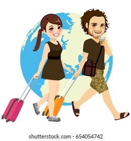 Cute young couple traveling with suitcase and earth map on background