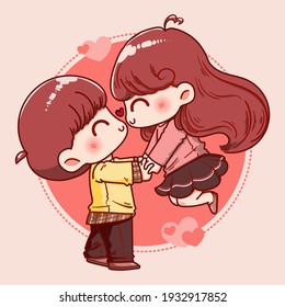 Cute young couples kiss fly heart Cartoon Illustration