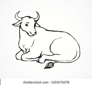 Cute young dairy white cow lies on farmland graze background. Monochrome freehand black line ink drawn hand logo emblem pictogram in art retro contour print style outline pen on paper space for text