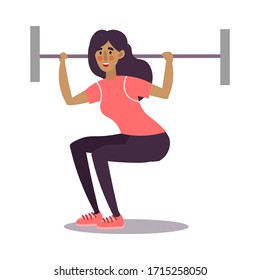 Cute young dark-haired athletic woman lifting a barbell in a gym. Vector illustration in the flat cartoon style