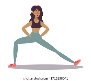 Cute young dark-haired trainer girl doing stretching exercise on legs in a gym. Vector illustration in the flat cartoon style