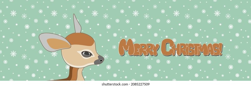 Cute young deer character head in cartoon style on the snowflakes background, suitable for seasonal greetings and winter designs.