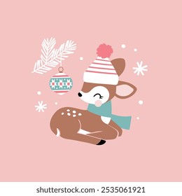 Cute young deer with Christmas ornament. Hand drawn vector illustration. Perfect for tee-shirt logo, greeting card, sticker, clip art or nursery decor. EPS10 vector file.