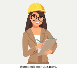 Cute young engineer woman in hard hat with the document of work. Vector illustrations.