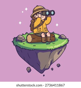 Joven explorador lindo en la Ilustración vectorial de la isla flotante