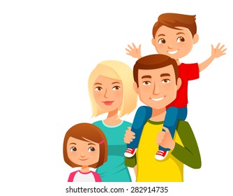 Cute Young Family With Two Kids. Parents With Childern, Happy Family Concept. Cartoon Illustration. Isolated On White.