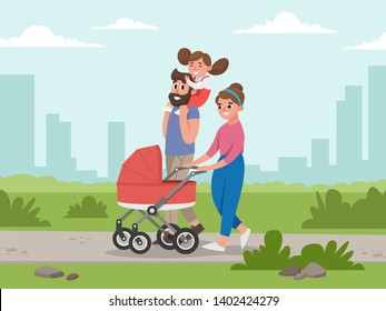 Cute young family for walk. Mom, dad, daughter and baby in baby carriage. Happy Family walking in the Park on background of buildings - Vector