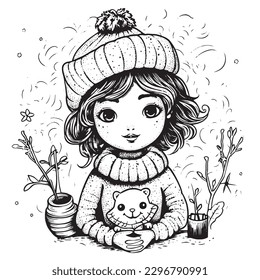 Cute young female character, girl in wool hat, black line art illustration