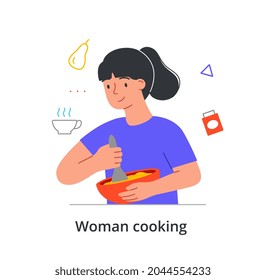 Una joven y educada personaje femenino prepara un plato con fondo en casa con fondo blanco. Concepto de diferentes personas que disfrutan cocinando solo en casa. Ilustración vectorial de dibujos animados planos