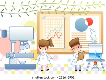 Cute young female and male Scientist examine with laboratory equipment and blue liquid sample in the chemical research lab on white background with green leaves and cell pattern : vector illustration