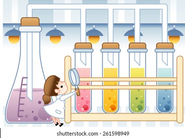 Cute young female Scientist examine with laboratory equipment and colorful liquid sample in the chemical research lab on bright blue and white background with yellow lighting : vector illustration - Powered by Shutterstock - Get 15% off with code: PIKWIZARD15