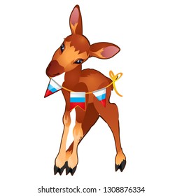 Cute young forest deer holding a garland of flags painted in the style of the Russian tricolor isolated on white background. Vector cartoon close-up illustration.