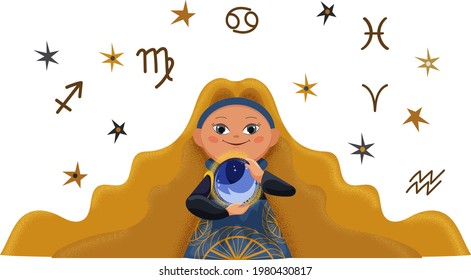 Cute young fortune teller character with magic ball and zodiac signs. Flat cartoon personage for fabric and paper print. Mascot for kids astrology website and book