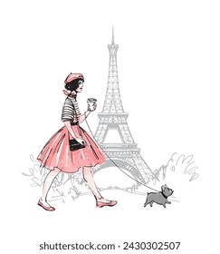 Una linda joven francesa con una falda roja camina con un perro en París cerca de la Torre Eiffel. Dibujo de acuarela moderna y boceto de línea. Vector de impresión aislado sobre fondo blanco.