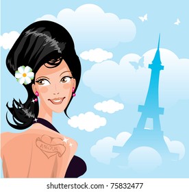 Cute young french woman on background of Tour d'Eiffel silhouette
