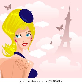 Cute Young French Woman On Background Of Tour D'Eiffel Silhouette