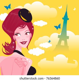 Cute young french woman on background of Tour d'Eiffel silhouette