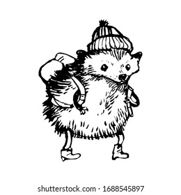 Cute young funny Hedgehog tourist with hat and backpack. Concept design for coloring book page. Black and white ink drawing. Hand drawn stock vector illustration