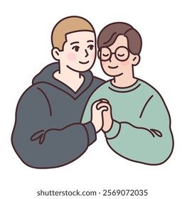 Cute young gay couple in love, two boys holding hands. Simple cartoon drawing, vector illustration.