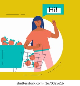 Cute young girl with a basket for groceries. Shopping at the grocery store. girl waving as a sign of greeting. Flat vector illustration