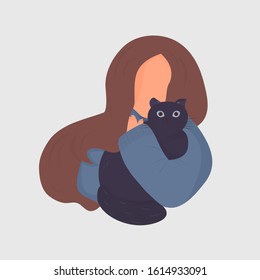 Cute young girl in a blue sweater with dark hair gently hugs a fat black cat. Vector. The concept of love for animals. Flat cartoon style. Isolated on white background