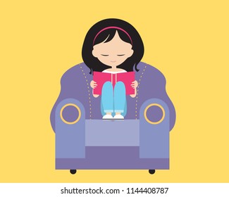 A cute young girl with brown hair sitting in a purple chair, holding her hands and reading a book in a room with a yellow background - vector