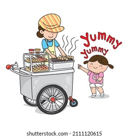 Cute young girl buys meatballs from a meatball cart selling, street food cart trolley, illustrator vector cartoon drawing
 svg