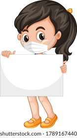 Cute young girl cartoon character holding blank banner illustration