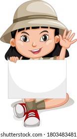 Cute young girl cartoon character holding blank banner illustration